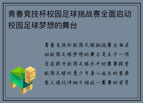 青春竞技杯校园足球挑战赛全面启动校园足球梦想的舞台